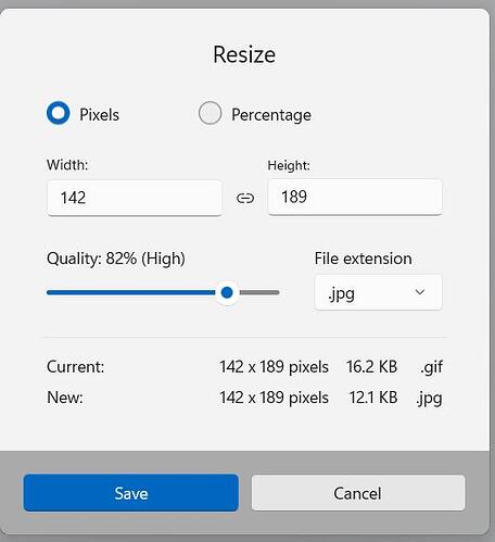 Photos resize dialog